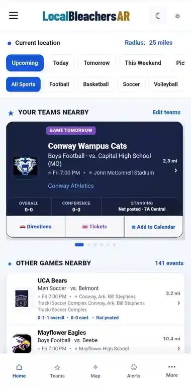 LocalBleachersAR nearby sports application screen