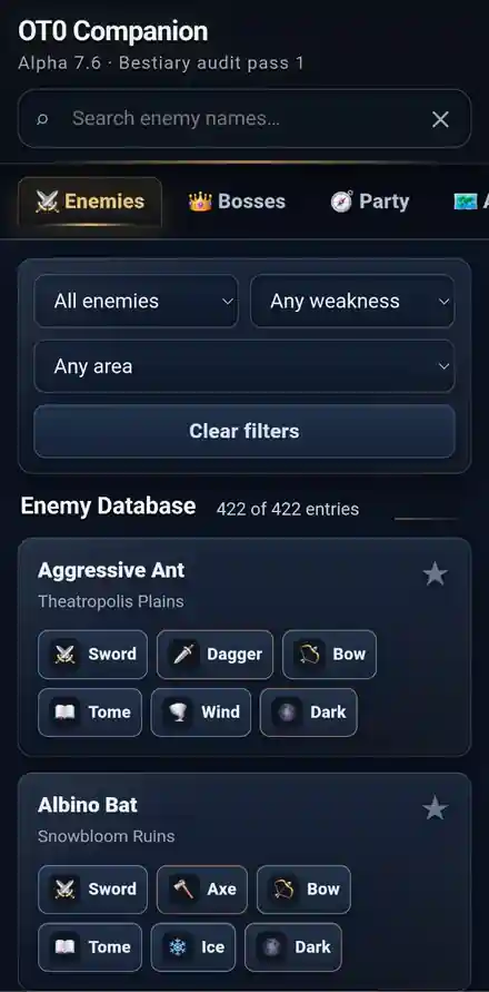 OT0 Companion enemy database application screen